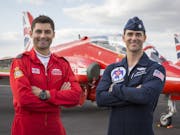 United States Air Force Thunderbird pilots fly in Red Arrows