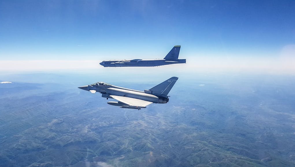 RAF TYPHOONS TRAIN WITH USAF B-52 BOMBERS OVER ROMANIA