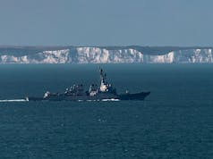 USS Winston S. Churchill pictured passing Dover White Cliffs