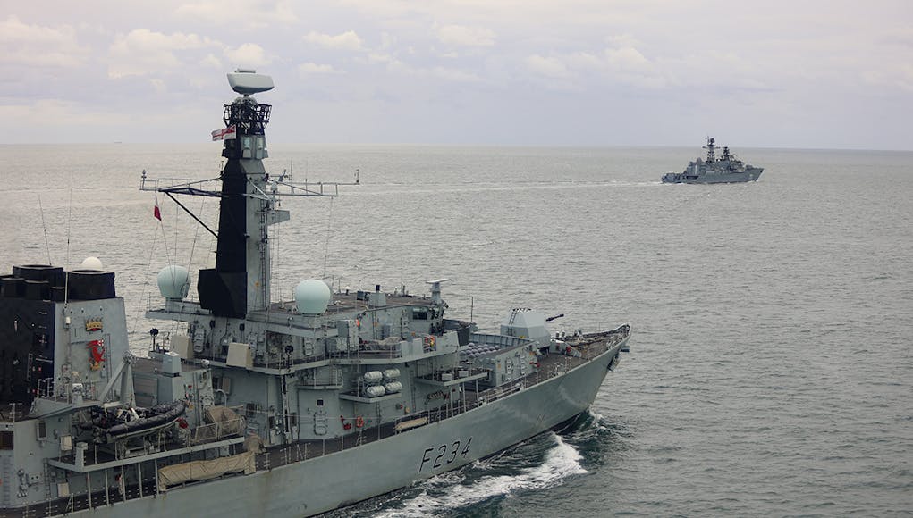 HMS Iron Duke shadows RFN Neustrashimy and cargo ship Sparta IV1