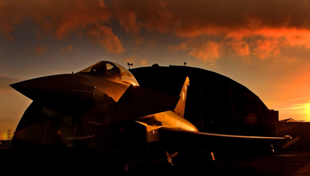 A Typhoon F2 jet fighter from 11 Squadron Royal Air Force, sits on the apron at RAF Coningsby