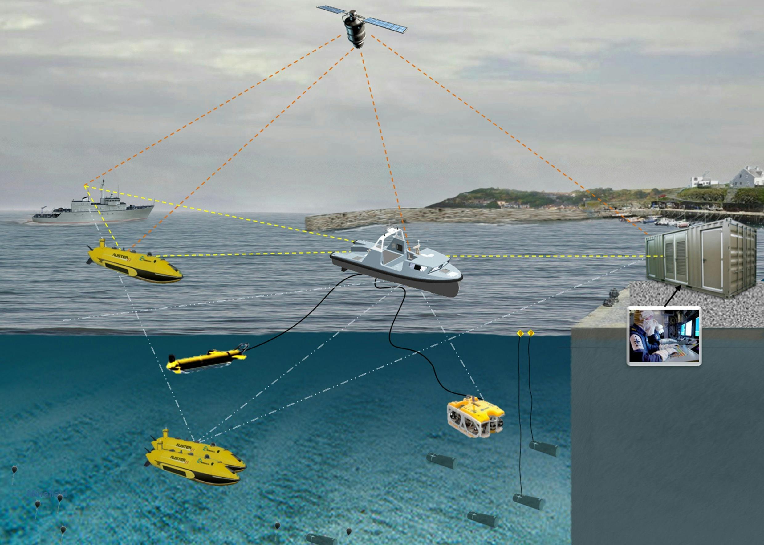 Infographic shows Halcyon, a small Unmanned Surface Vehicle (USV) – just 12 metres long and 3.5 metres wide – and the sonar it tows is Thales’s state-of-the-art Towed Synthetic Aperture Sonar (T-SAS). As part of the MMCM programme, Thales is providing systems to both the French Navy and Royal Navy for two years of evaluation testing. Each system will comprise a USV (Unmanned Surface Vehicle) equipped with an autonomous navigation system, an obstacle detection and avoidance sonar, a threat identification and neutralisation capability based on ROVs (Remotely Operated Vehicles), a T-SAS (Towed Synthetic Aperture Sonar) and AUVs (Autonomous Underwater Vehicles). The geolocated AUVs will use the latest-generation synthetic aperture sonar SAMDIS with multi-aspect functionality for improved classification. They will perform their tasks autonomously with control from a host ship or shore-based station via high-data-rate communication links. The systems, meeting the operational requirements of both nations, incorporate state-of-the-art technologies including very high-resolution multiview imaging sonars and sophisticated analysis tools to provide unparalleled levels of performance in automatic threat recognition and classification. Copyright Thales 2016.