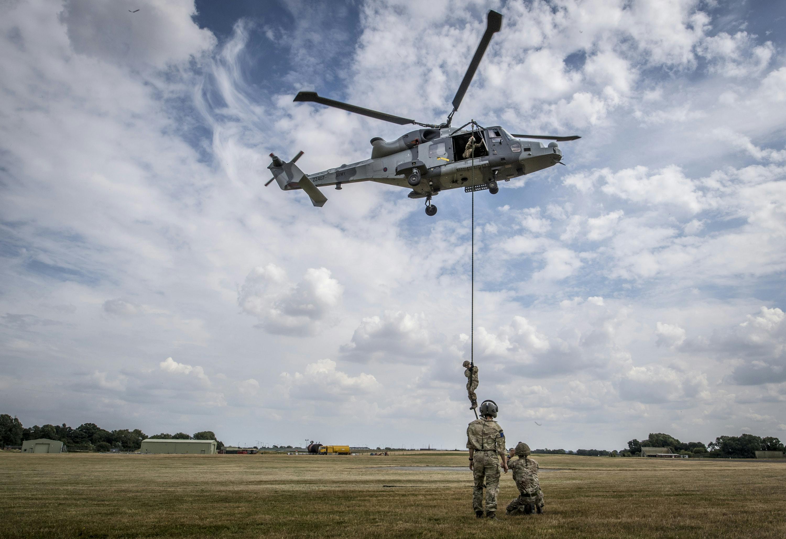 16 Air Assault Brigade troops fast-rope from Wildcat helicopter