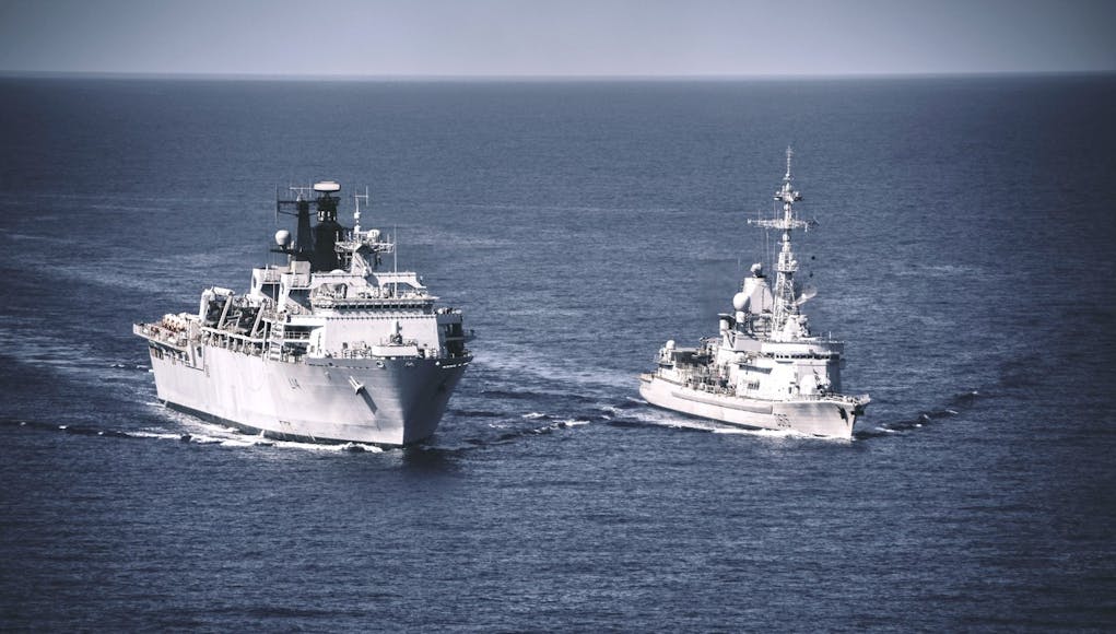 HMS Albion left sailing through the Med off Cyprus in company with FS Jean Bart