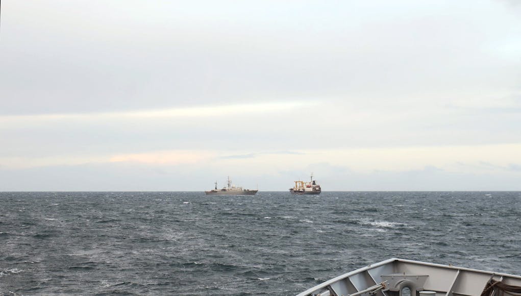 Intelligence ship Viktor Leonov left and tanker Sergey Osipov seen from HMS Tyne