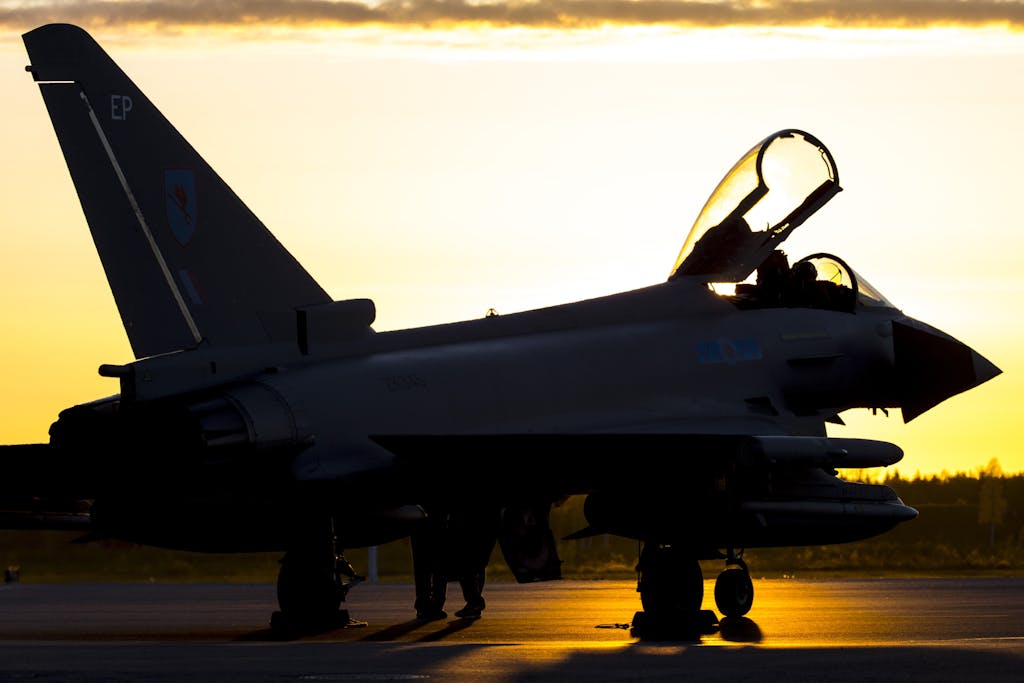 A Typhoon jet from 6 Squadron Royal Air Force, following an evening Baltic Air Patrol (BAP) in Estonia. The Typhoon FGR4 provides the RAF with a highly capable and extremely agile multi-role combat aircraft, capable of being deployed in the full spectrum of air operations, including air policing, peace support and high intensity conflict.