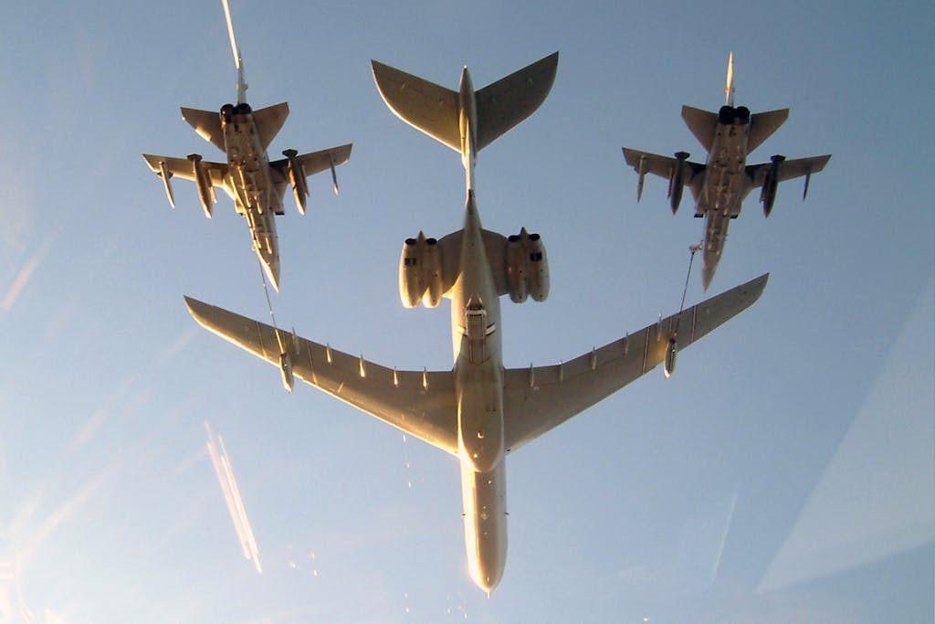 A Royal Air Force VC10,  in the tanker role, carries out the air-to-air refueling of a two RAF Tornado F3s.