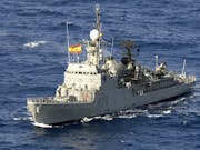 Spanish ship sails through Gibraltar waters playing Spanish anthem