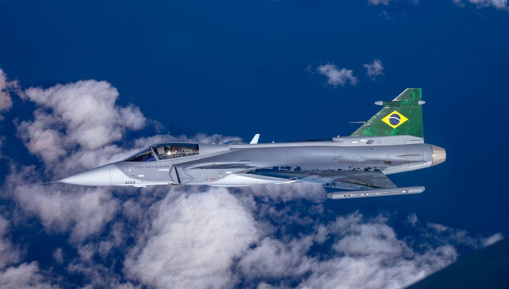 Flight test with the first Brazilian Gripen E fighter aircraft.