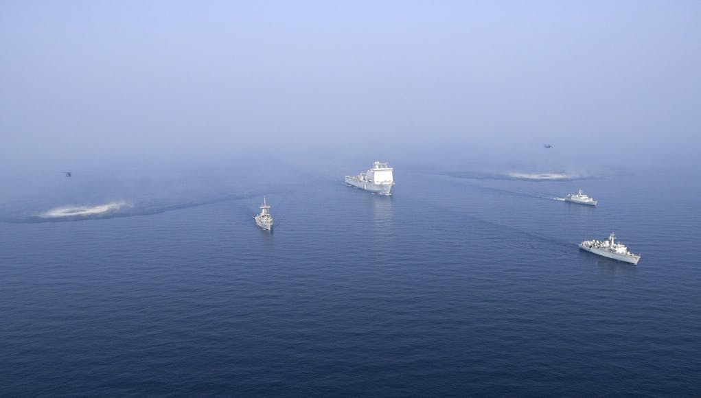 UK and US Mine Counter Measures Forces steam in formation during MCMEX 17-3